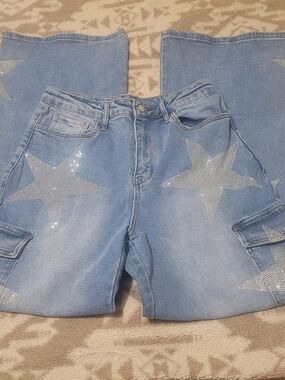 VBRT. Light Blue Women's Flare Jeans with Rhinestone Star Accents